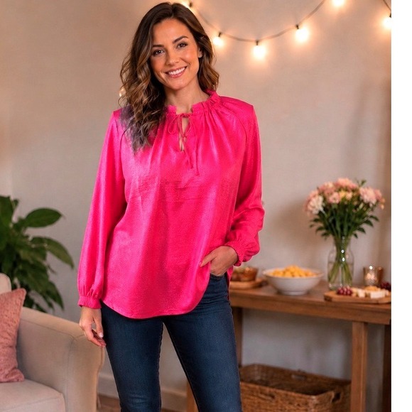 Hope & Harlow Tops - Hope & Harlow Magenta Silver Metallic Ruffle Tie Neck Blouse Large NWT
